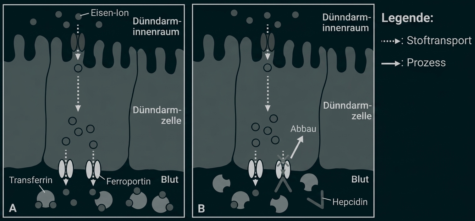 Schematische Darstellung der Eisenaufnahme im Dünndarm mit Ferroportin, Transferrin und Hepcidin